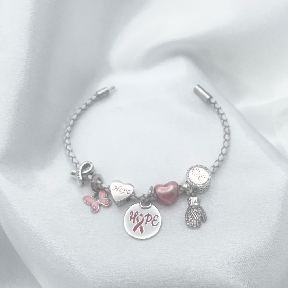 White Leather Braided Bolo Cord Bracelet with Breast Cancer Awareness Charms